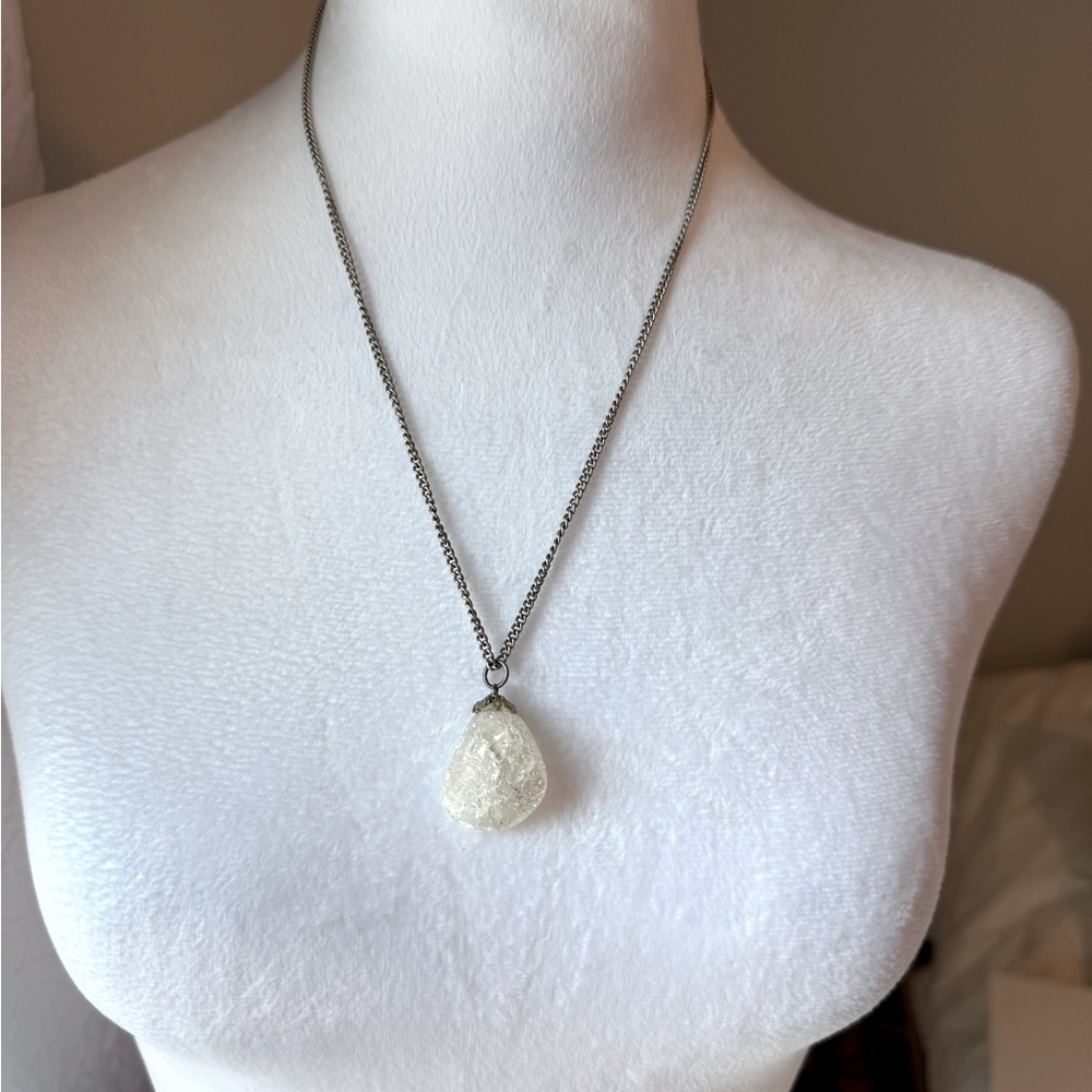 Vintage Silver Tone Chain Necklace with White Stone Pendant